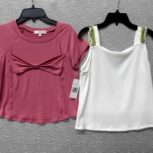 Dillard’s Girls Large 10-12 Lot of 2 Dressy Casual Lace white Pink Bow Tops